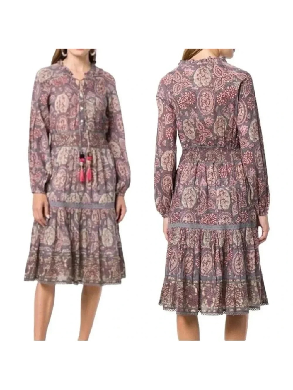 Bell by Alicia Bell "Grace" Long Sleeve Tiered Silk-Blend Midi Dress Size Small - Picture 2 of 13